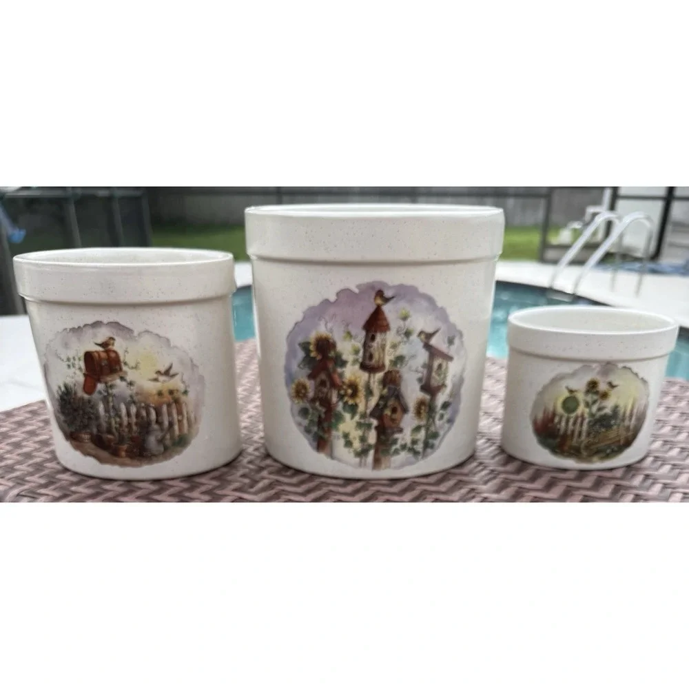 Vintage Country Crocks Bird Houses Set 3 Daxinxiang Porcelain Factory Holders